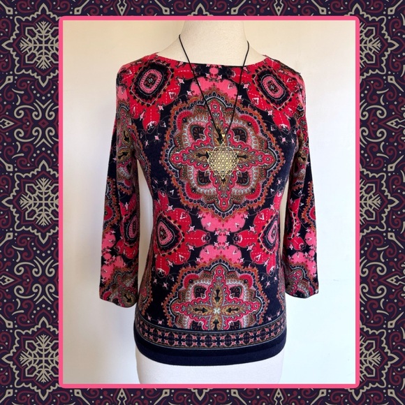 TALBOTS 100% Merino Wool Beautiful Print 3/4 Sleeve Spring Sweater - Picture 1 of 6